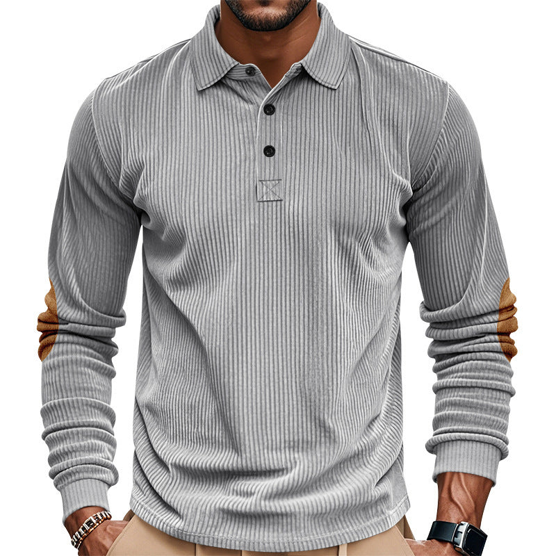 Herren nan schwerer gerippter Baumwoll-Polo-Pullover mit Kentkragen dreifach-Knopfleiste und Wildleder-Ellenbogenpatches R&B