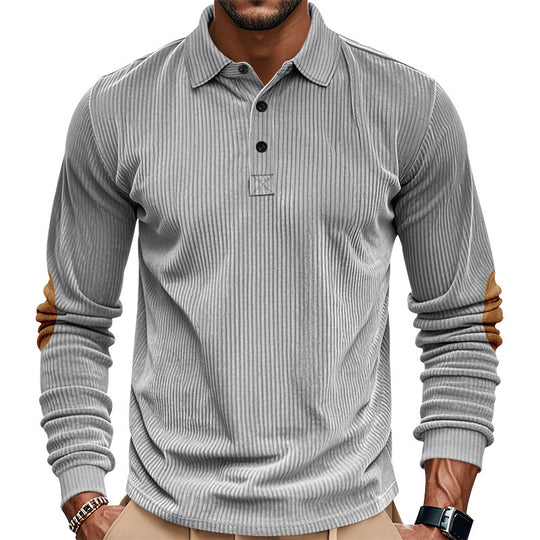 Herren nan schwerer gerippter Baumwoll-Polo-Pullover mit Kentkragen dreifach-Knopfleiste und Wildleder-Ellenbogenpatches R&B