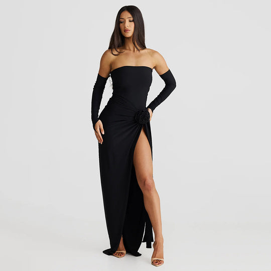 Damen Elegantes Schulterfreies Abendkleid mit Raffung und hohem Schlitz R&B