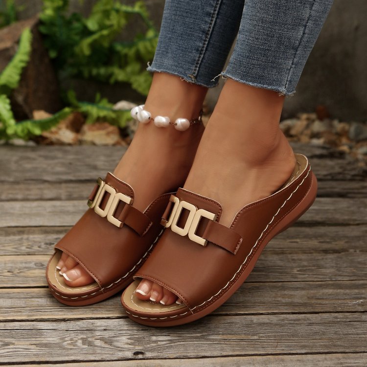 Damen nan Pantolette-Slipper mit goldfarbener Zierkette, ergonomischem Komfortfußbett und genähter Profilsohle R&B