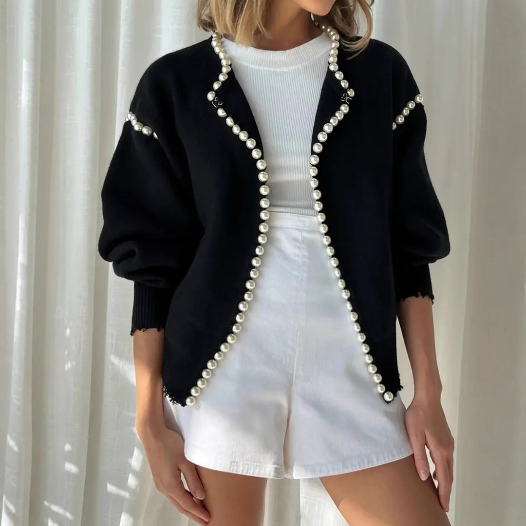 Damen Strickjacke mit auffälligem Perlenbesatz und offenem Design R&B