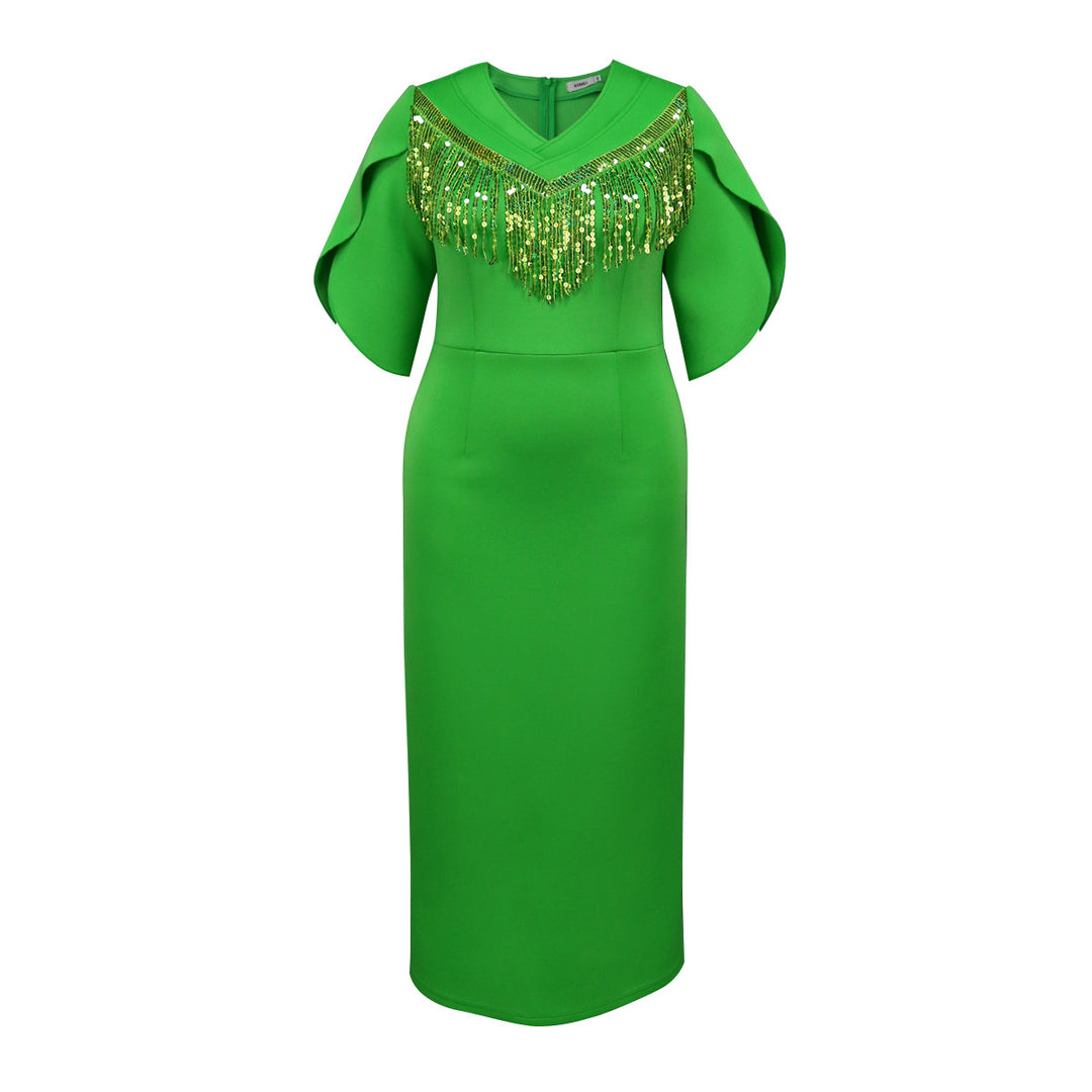 Damen Glamouröses Maxikleid mit funkelndem Fransenkragen R&B