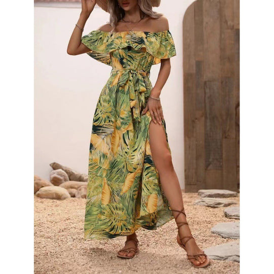 Damen Maxikleid mit Off-Shoulder-Ausschnitt und tiefem Schlitz R&B
