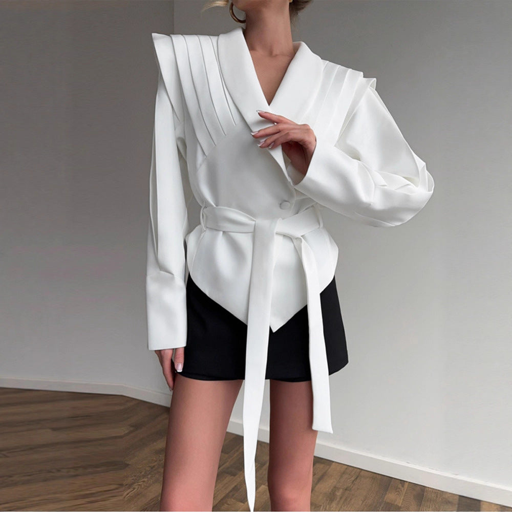 Damen Couture Blazer mit elegantem Kragen und Taillengürtel R&B