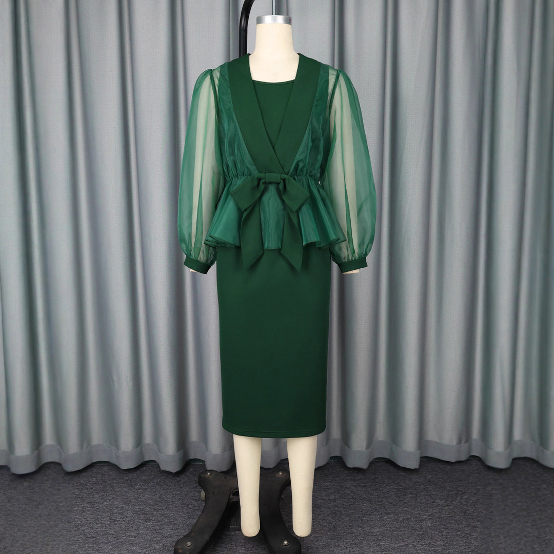 Damen elegantes Kleid mit transparentem Ärmel und tailliertem Gürtel R&B