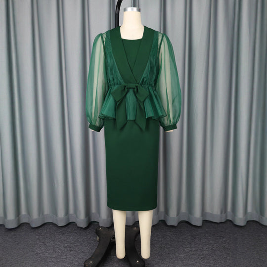Damen elegantes Kleid mit transparentem Ärmel und tailliertem Gürtel R&B
