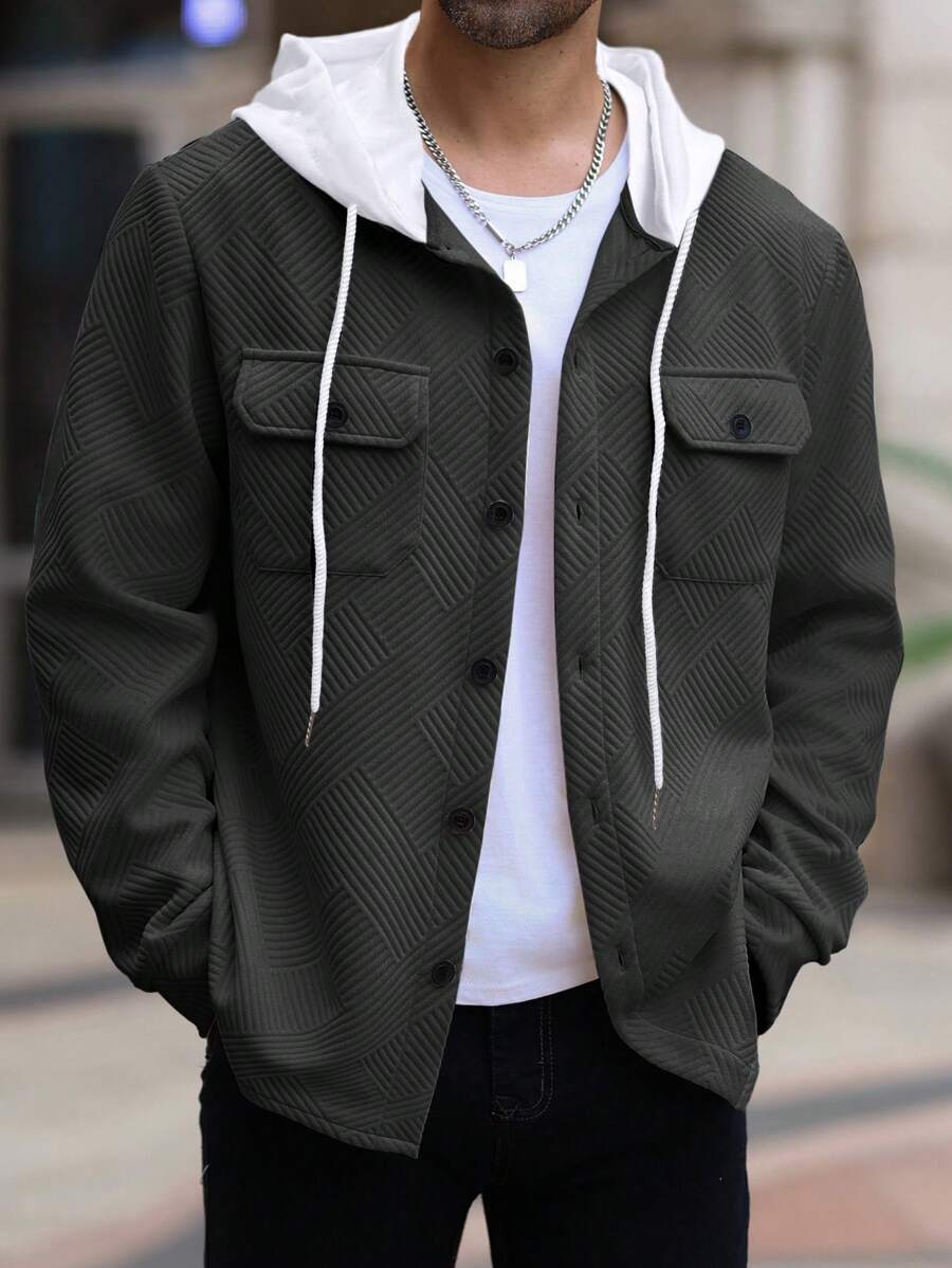 Herren lässige Utility-Jacke mit Kapuze und strukturiertem Muster R&B