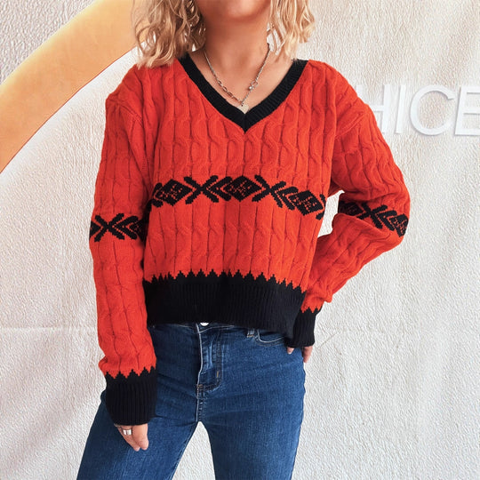 Damen lässiger Strickpullover mit modernem Zopfmuster und kontrastierenden Akzenten R&B
