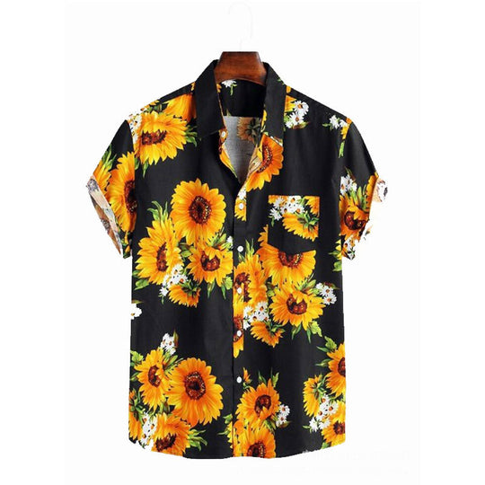 Herren Kurzarmhemd mit farbenfrohem Sonnenblumenmuster und leichtem Baumwollstoff R&B
