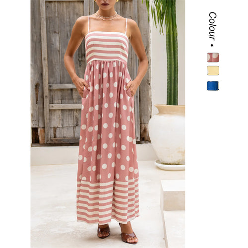 Damen Maxikleid mit gerafftem Oberteil und verspieltem Punkt- und Streifenmuster R&B