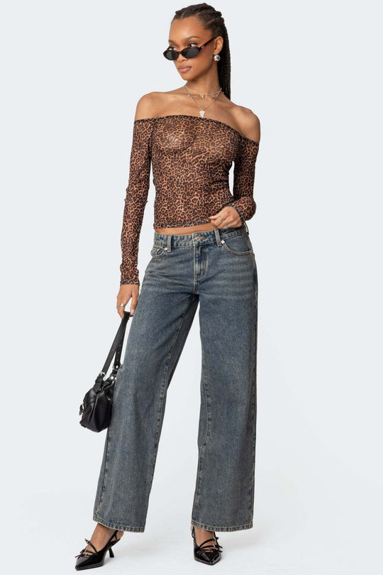 Damen Off-Shoulder Langarmshirt mit Leopardenmuster R&B