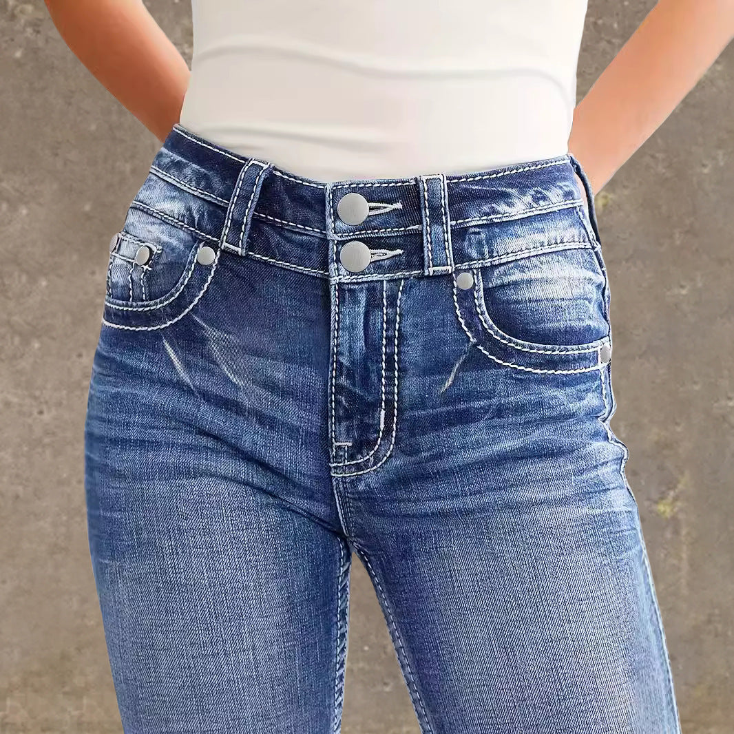 Damen Flared Jeans im Vintage-Stil mit hochgradigem Detail und raffinierten Stickereien R&B