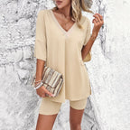 Damen Bequemes T-Shirt und Radlerhose Set R&B