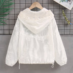 Damen nan transparente bestickte Kapuzenjacke mit Reißverschluss und Tunnelzug R&B