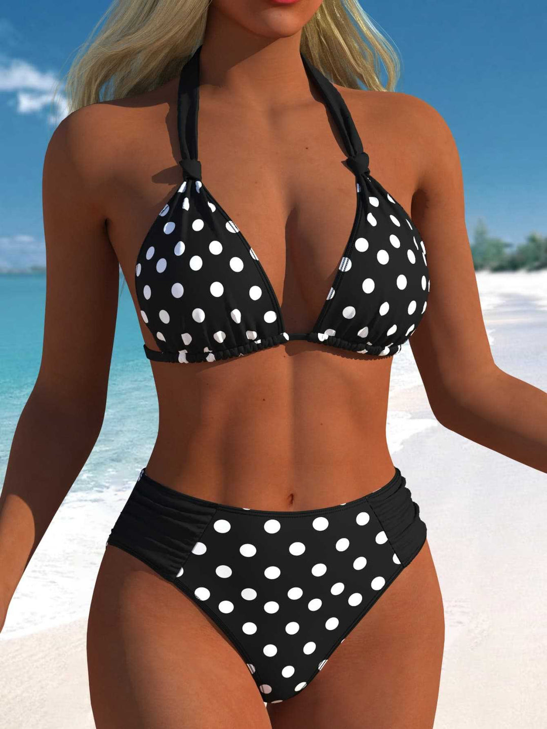 Damen Hochgeschnittener Triangel-Bikini mit punktiertem Design und verstellbaren Trägern R&B