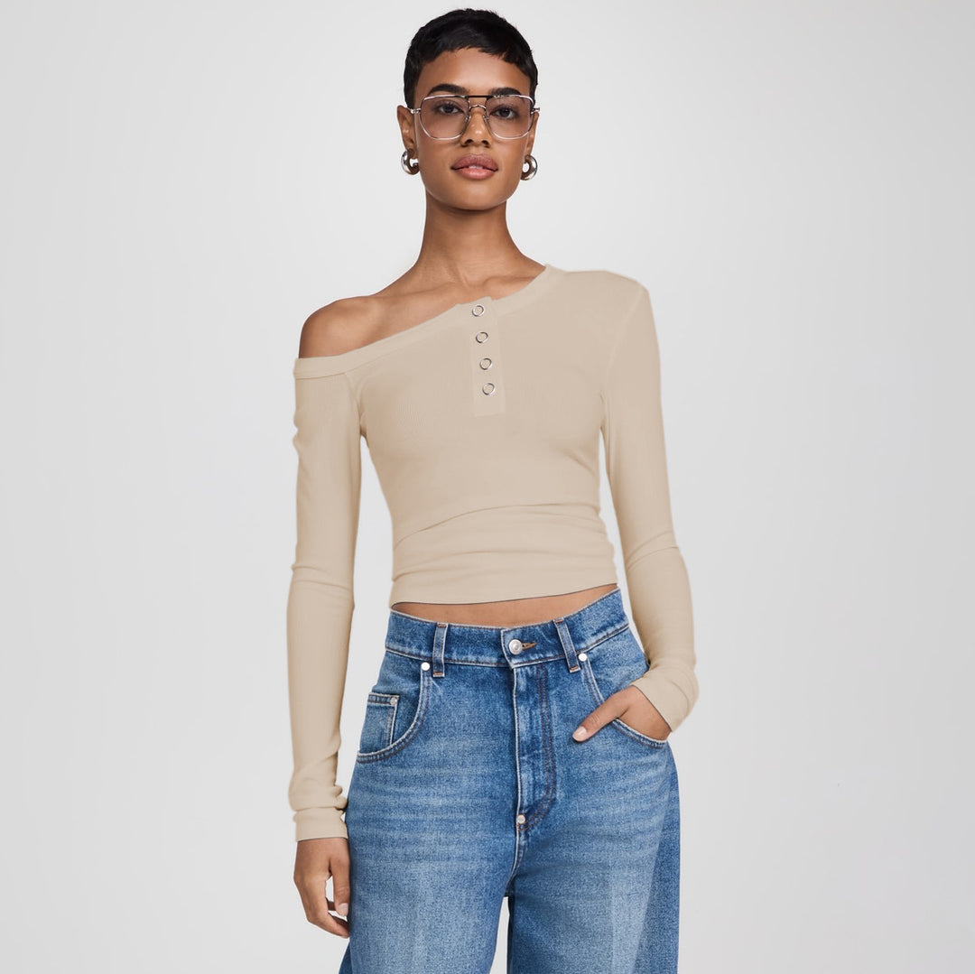 Damen asymmetrisches Langarmshirt mit Knopfleiste und figurbetontem Schnitt R&B
