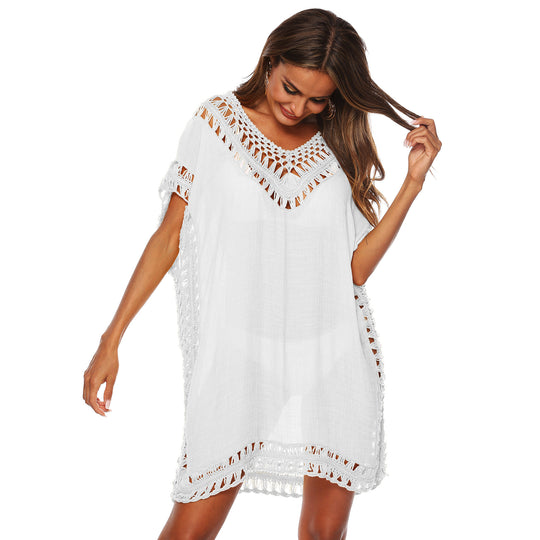 Damen Häkel-Strandüberwurf mit elegantem V-Ausschnitt und fransigen Details R&B