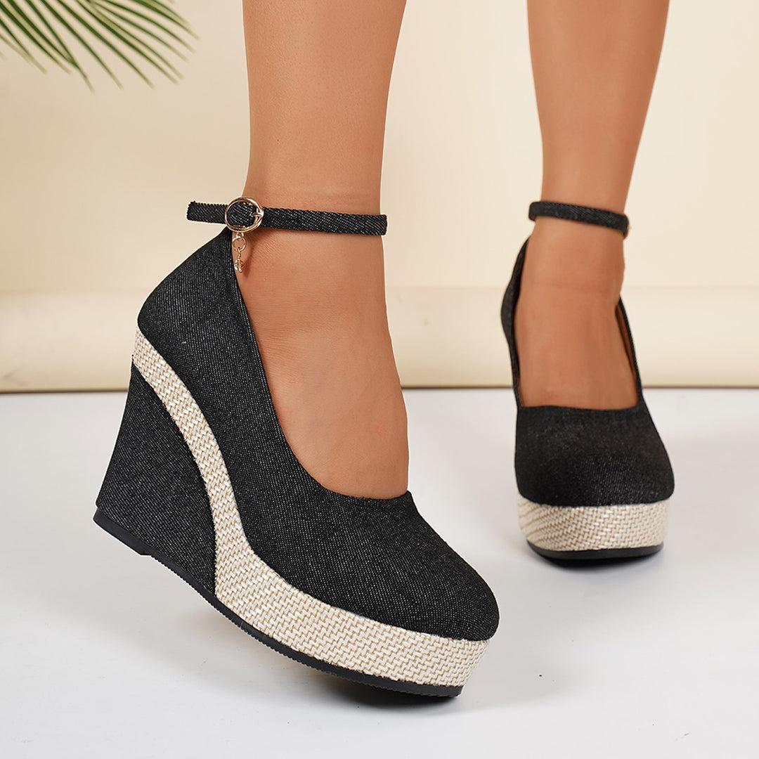 Damen Wedge-Pumps mit schnallenverziertem Fesselriemen und geflochtenem Absatz R&B