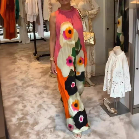 Damen nan ärmelloses Maxikleid mit gerafftem Stehkragen, weitem Palazzoschnitt und großfloralem Druck R&B
