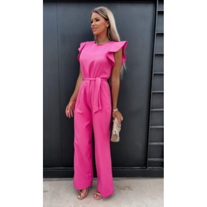 Frauen Fließender Weitbeiniger Jumpsuit mit Rüsche Ärmel R&B