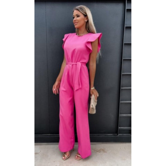 Frauen Fließender Weitbeiniger Jumpsuit mit Rüsche Ärmel R&B