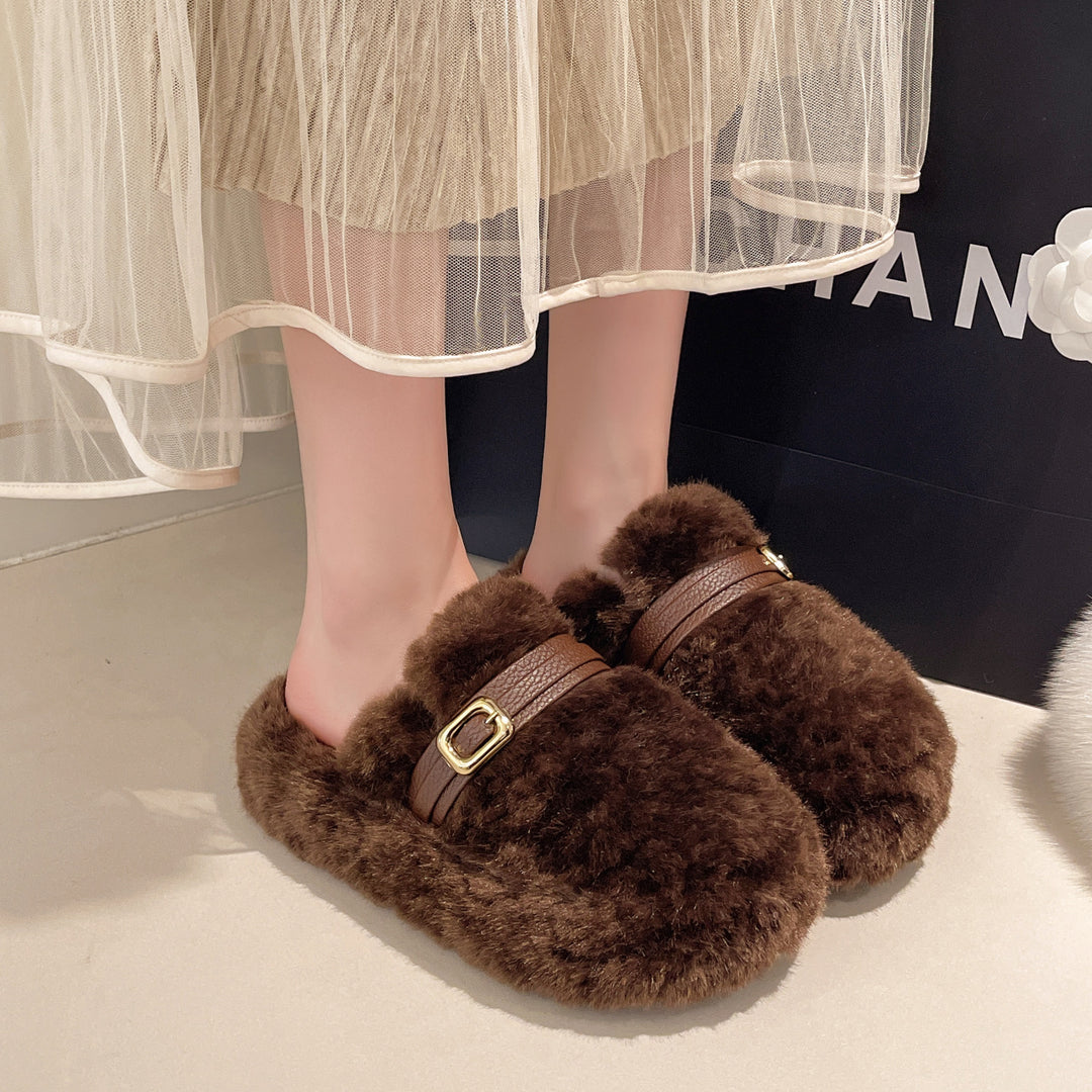 Damen Hausschuhe mit flauschigem Flausche-Obermaterial und modischem Schnallenverschluss R&B