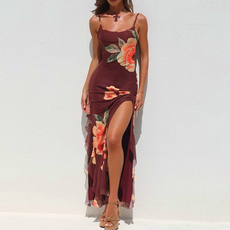 Damen elegantes Maxikleid mit floralem Design und seitlichem Schlitz