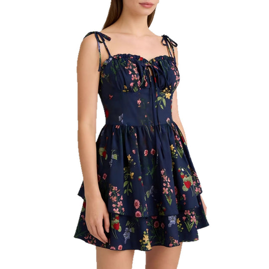 Damen Minikleid mit Blumenmuster und bordeauxfarbenem Unterrock R&B
