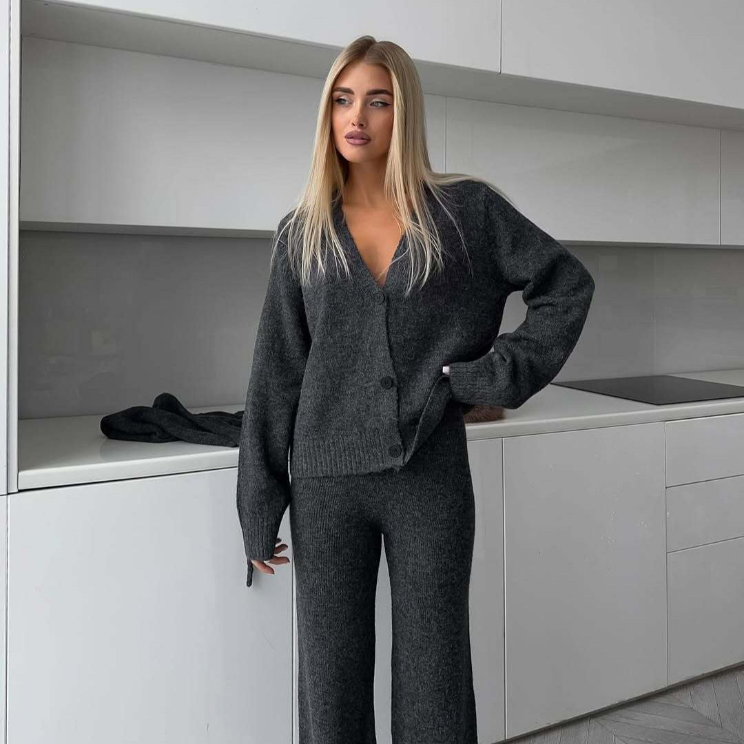 Damen elegantes Strickensemble mit weitem Cardigan und passenden Hosen R&B