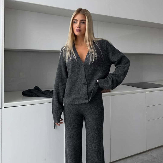 Damen elegantes Strickensemble mit weitem Cardigan und passenden Hosen R&B