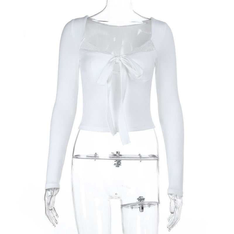 Damen Elegantes Langarm-Top mit femininem Schleifen-Detail und Spitzenbesatz R&B