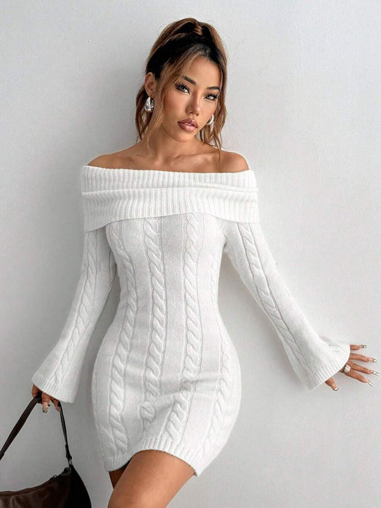 Damen figurbetontes Strickkleid mit weitem Ausschnitt R&B