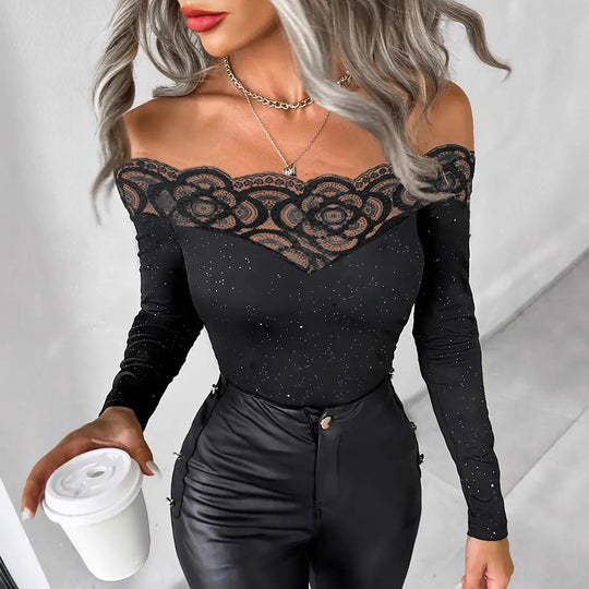Damen Oberteil mit transparentem Spitzenbesatz und modischem Galaxie-Design R&B