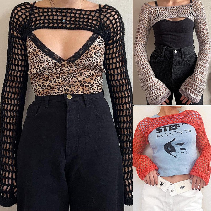 Damen gehäkeltes Langarm-Top mit Off-Shoulder-Design R&B