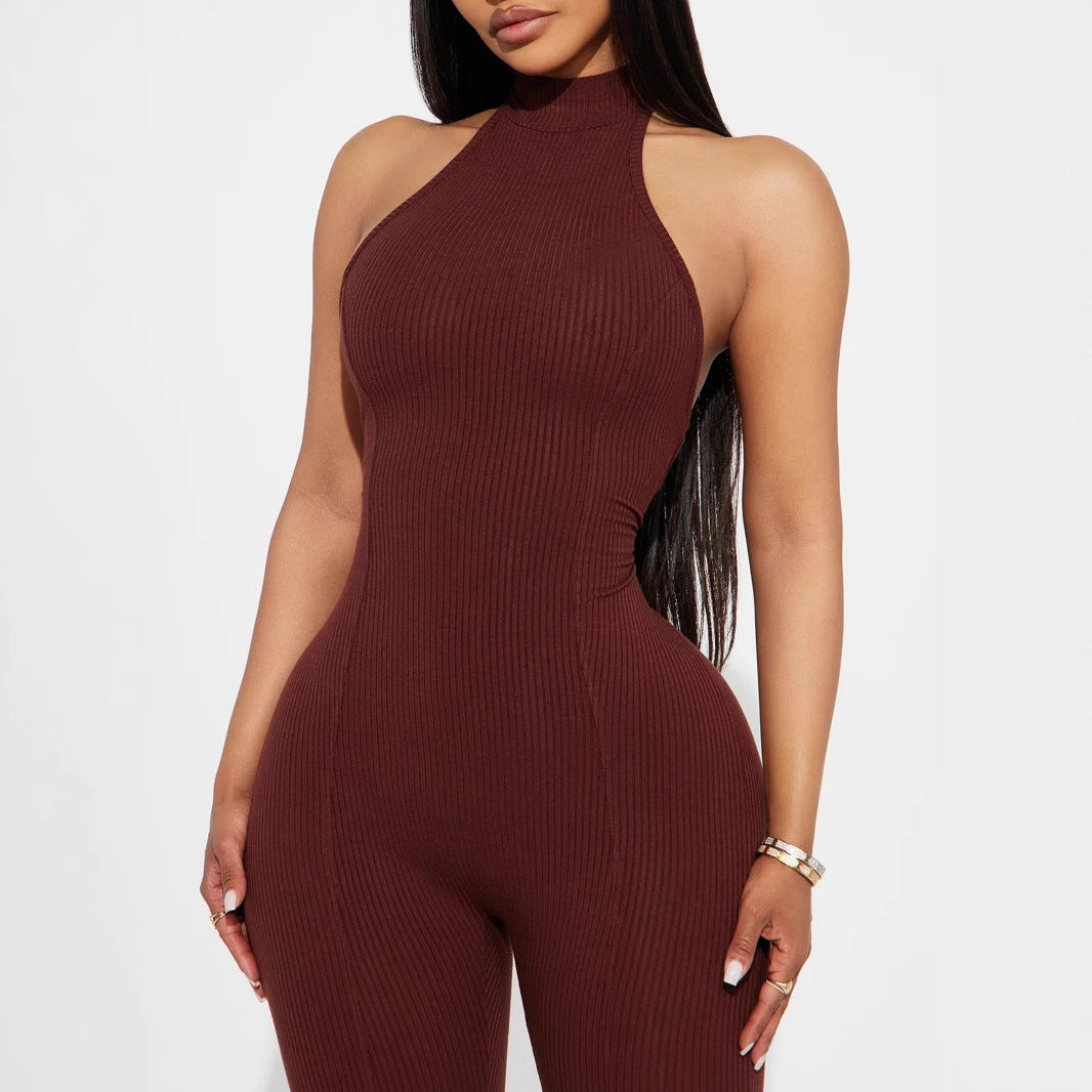 Damen figurbetonter Jumpsuit mit hohem Kragen und Rippstruktur R&B