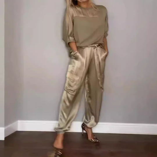 R&B | Solide Farbe glatt Satin Top zweiteilige Set für Frauen