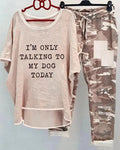 Damen nan weites Freizeit-Set mit Spruchaufdruck, weit geschnittenem Langshirt und Camouflage-Jogginghose R&B
