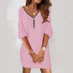 Damen Strick Kleid mit modernem V-Ausschnitt und trendigem Reißverschluss R&B