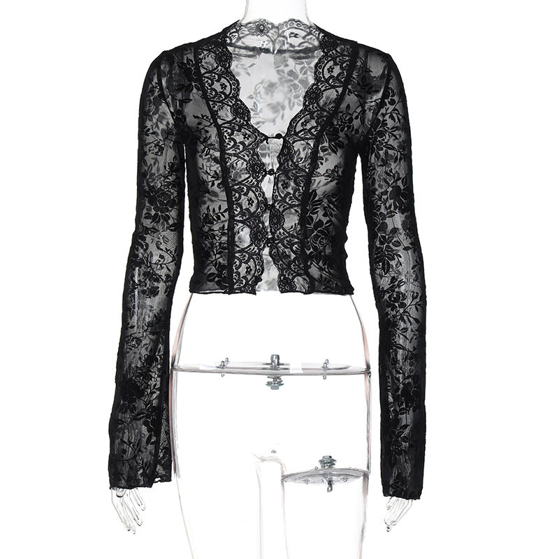 Damen Transparente Spitzenbluse mit Leopardenmuster R&B