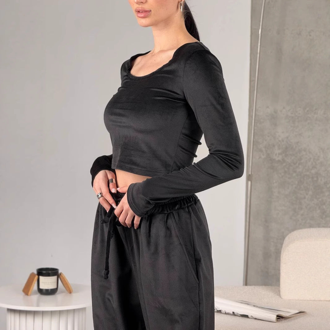 Damen modisches Crop-Top und bequeme Freizeithose Set R&B