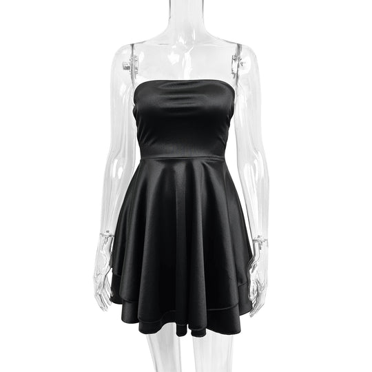 Damen Trägerloses Satin Minikleid mit fließendem Rock R&B