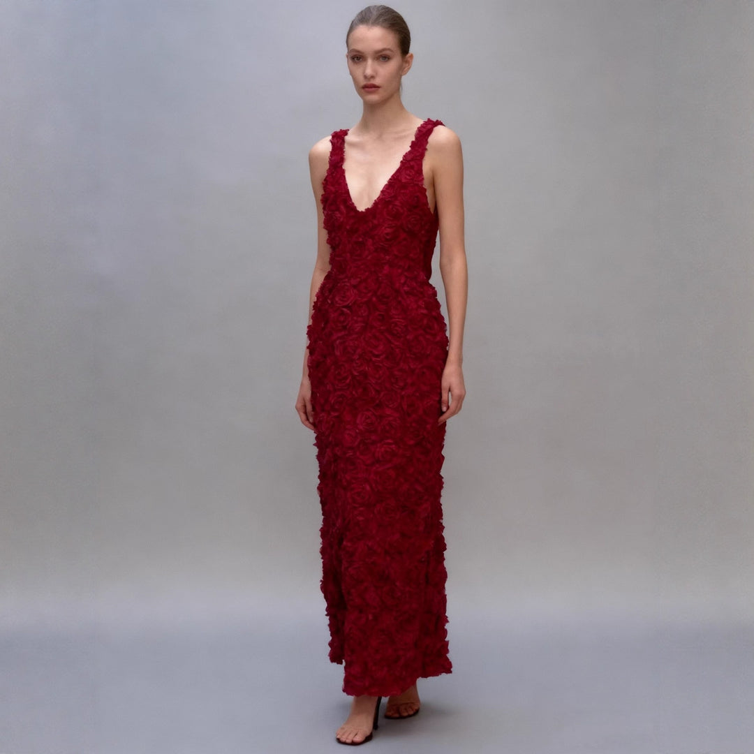 Damen Maxikleid mit opulentem Blumendesign und tiefem V-Ausschnitt R&B