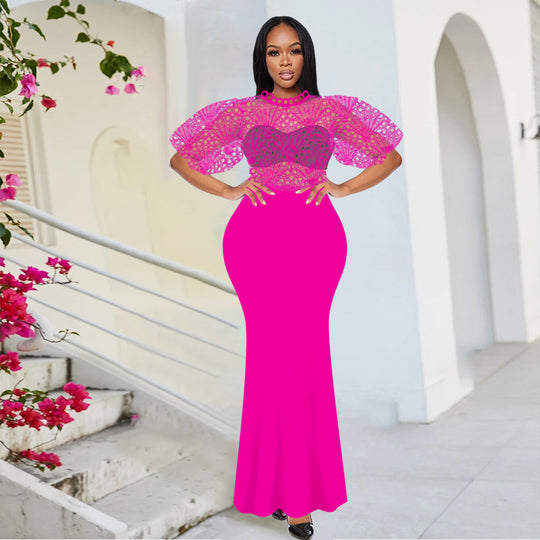 Damen Elegantes Maxikleid mit Spitzenoberteil und voluminösen Ärmeln R&B