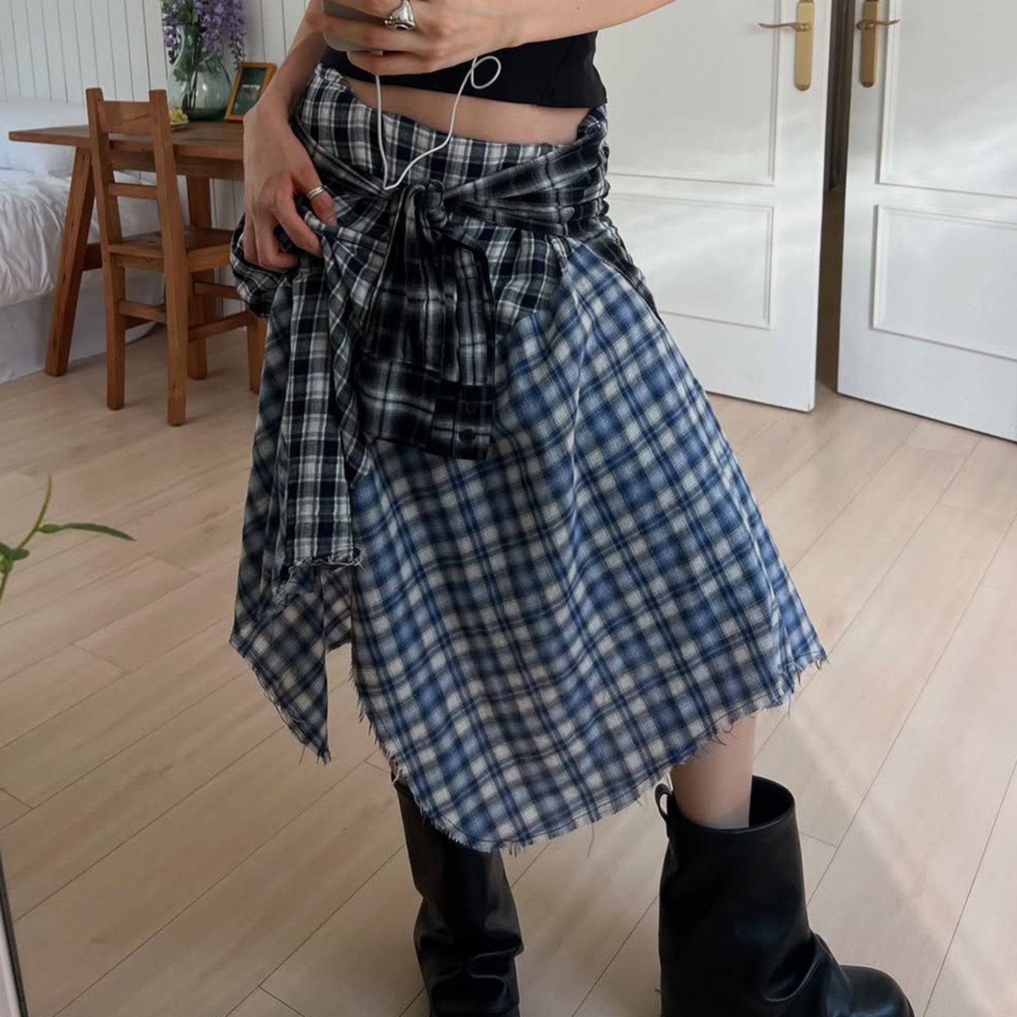 Damen asymmetrischer karierter Rock mit Bindegürtel R&B