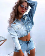 Damen Cropped Denimjacke mit fransigen Details und trendigem Destroyed-Look R&B