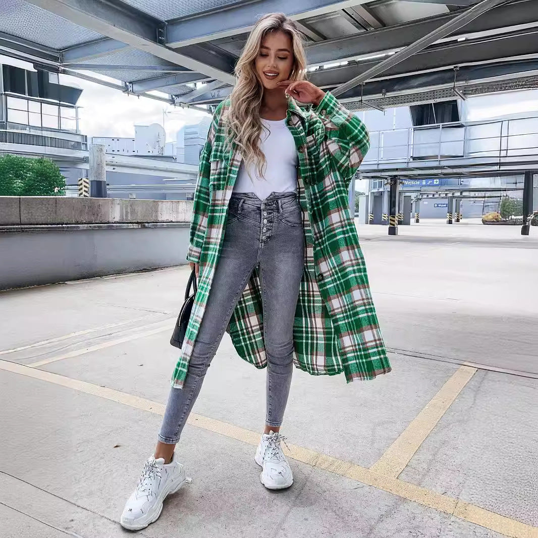 Damen lässige Karo-Hemdjacke mit asymmetrischem Schnitt und Taschen