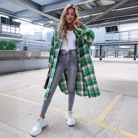Damen lässige Karo-Hemdjacke mit asymmetrischem Schnitt und Taschen R&B