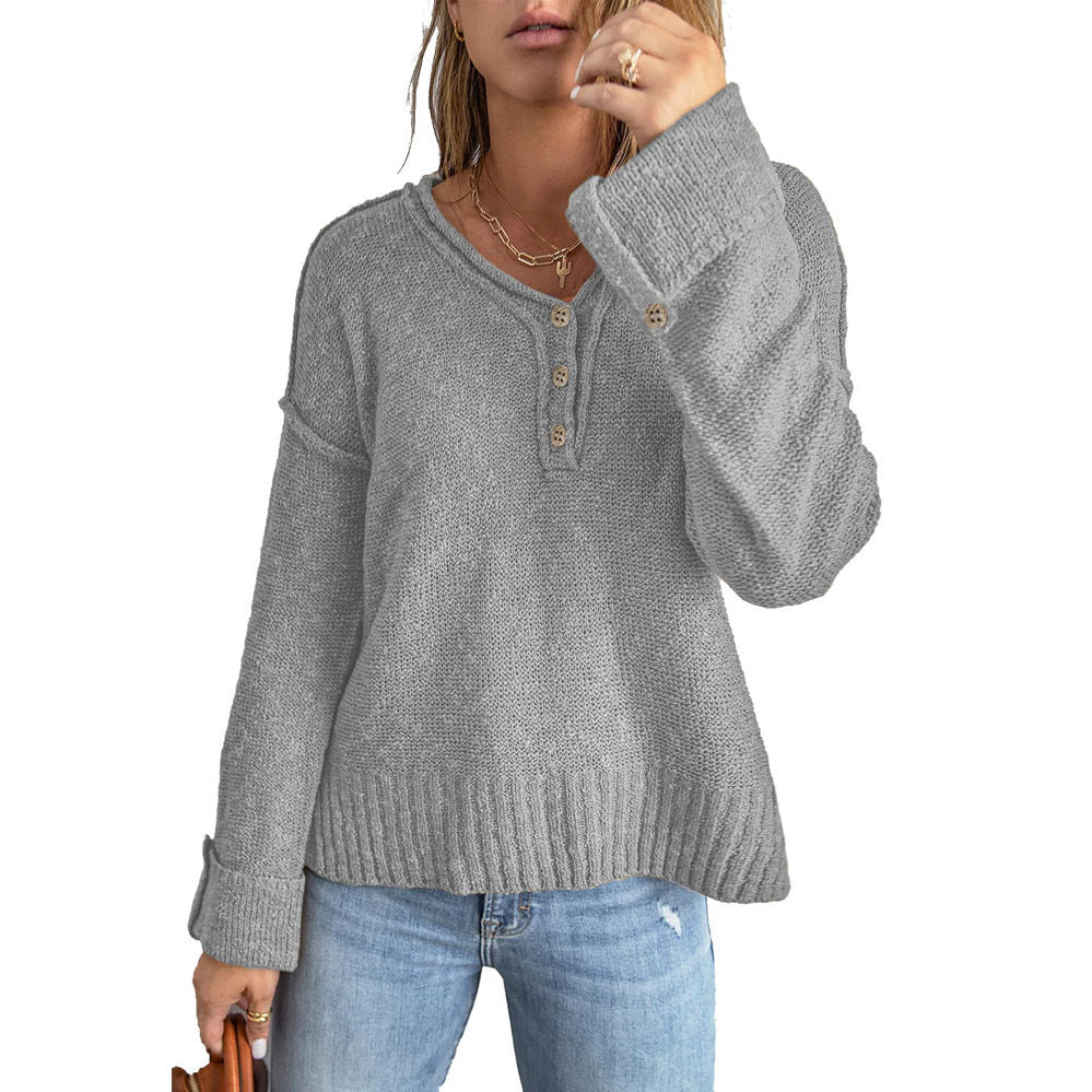 Damen Grober Strickpullover mit Knopfleiste und weitem Schnitt R&B