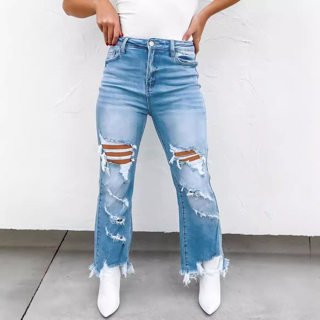 Damen Flared Jeans mit modischen Destroyed-Details und hoch geschnittenem Bund R&B