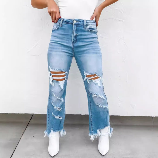 Damen Flared Jeans mit modischen Destroyed-Details und hoch geschnittenem Bund R&B